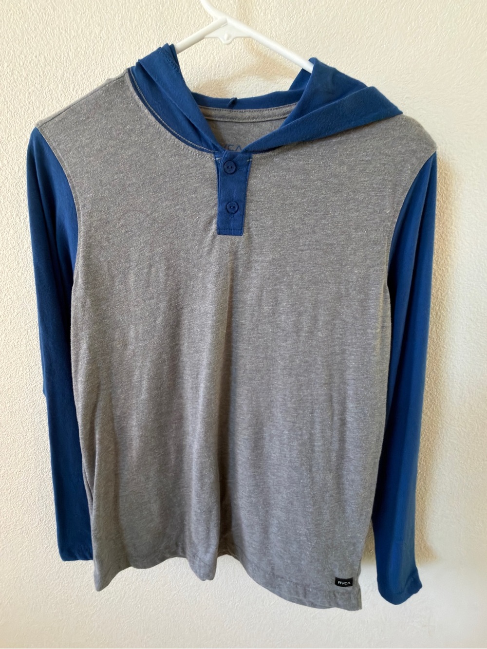 RVCA Gray and Blue Hooded Henley Long-Sleeve